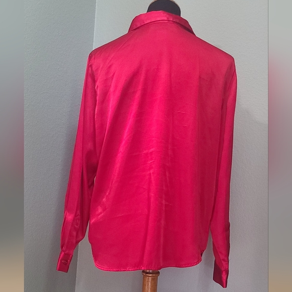 Christmas Red Satin Like Button Down Blouse - Picture 4 of 8